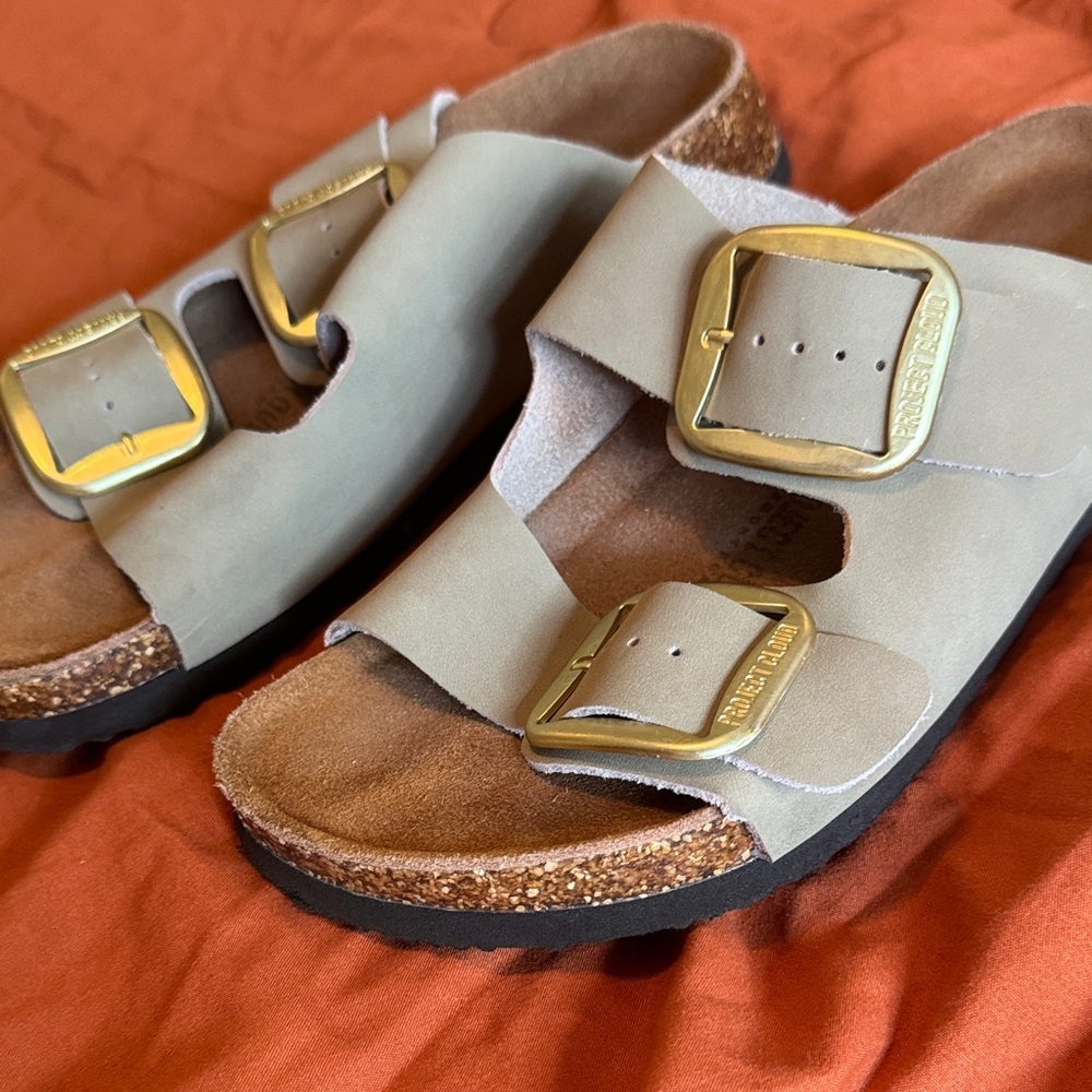 Women's Two-Strap Taupe Sandals with Gold Buckles - Picture 2 of 6